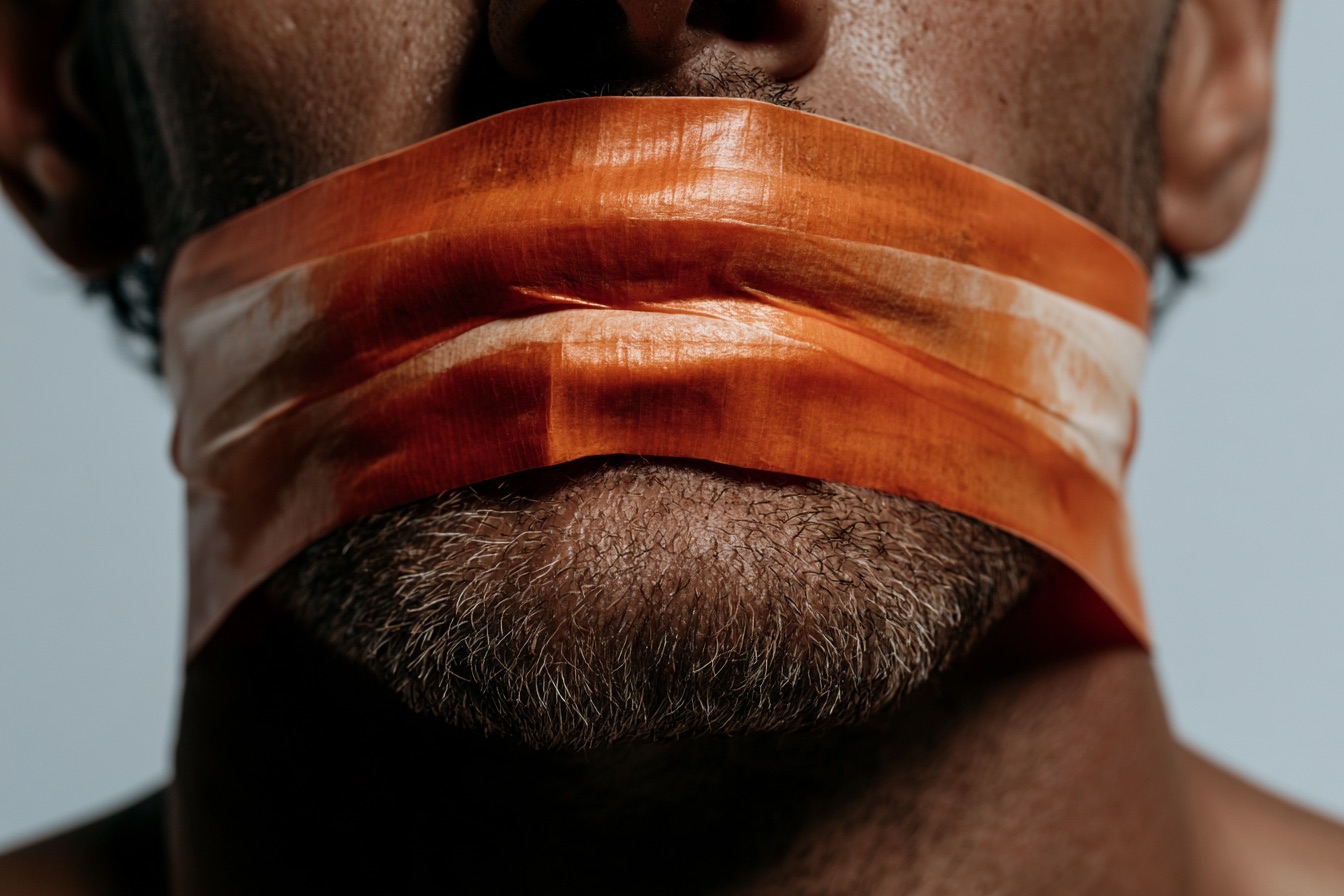 A man with his mouth taped shut as a symbol of marketing and sales not talking to each other